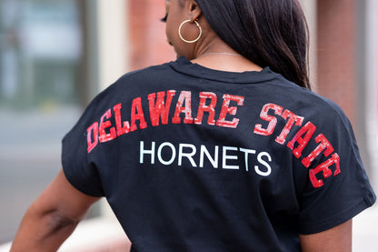 Delaware State Sequin Back Tee Shirt