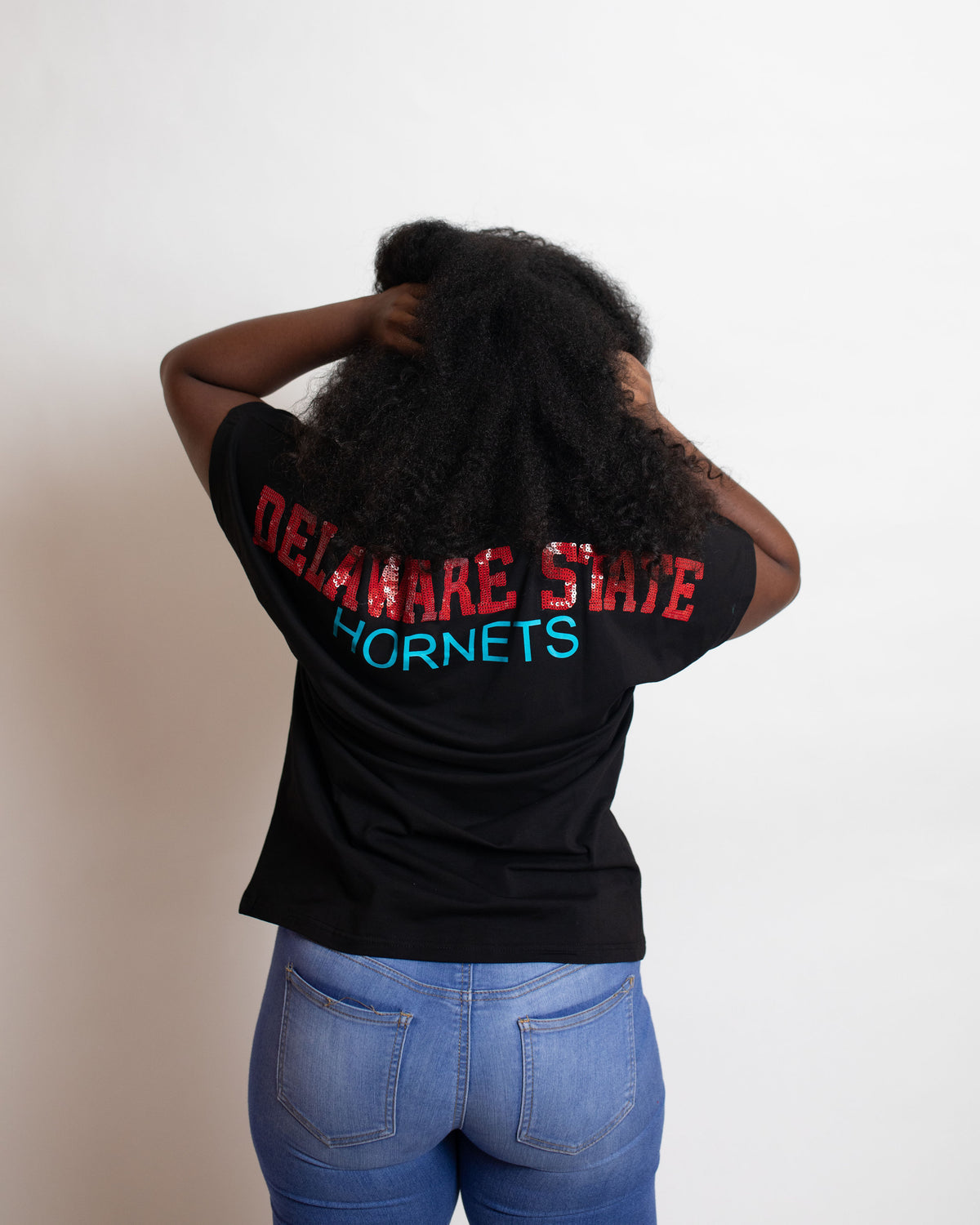 Delaware State Sequin Back Tee Shirt